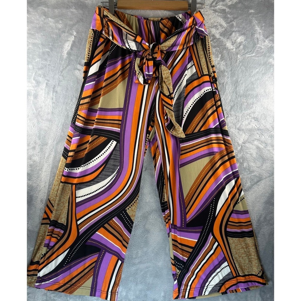 Robert Louis Wide Leg Pants XL Orange Purple Abstract Geometric Print Tie Waist - Picture 2 of 9